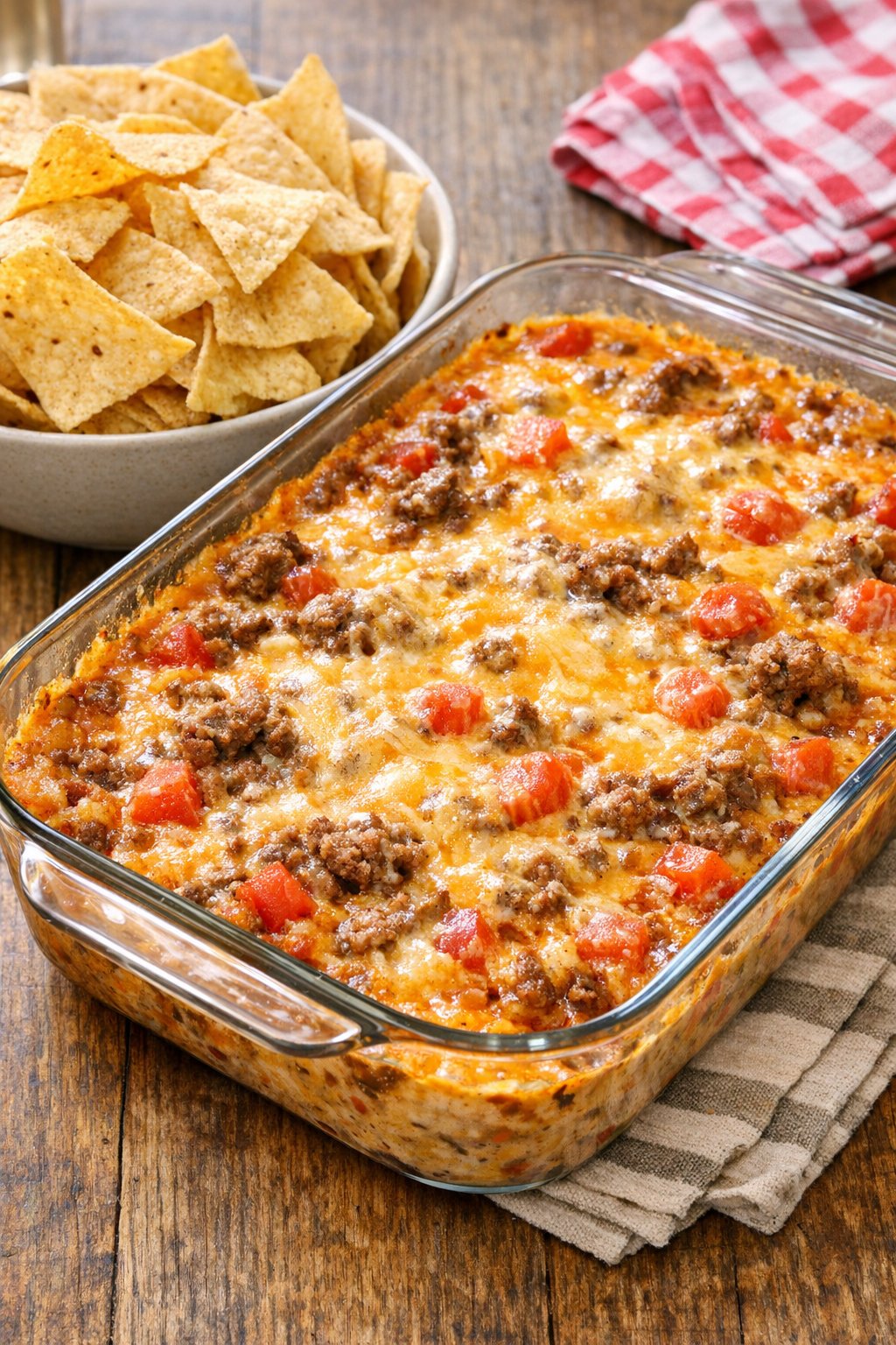 Plated beef queso dip with tortilla chips