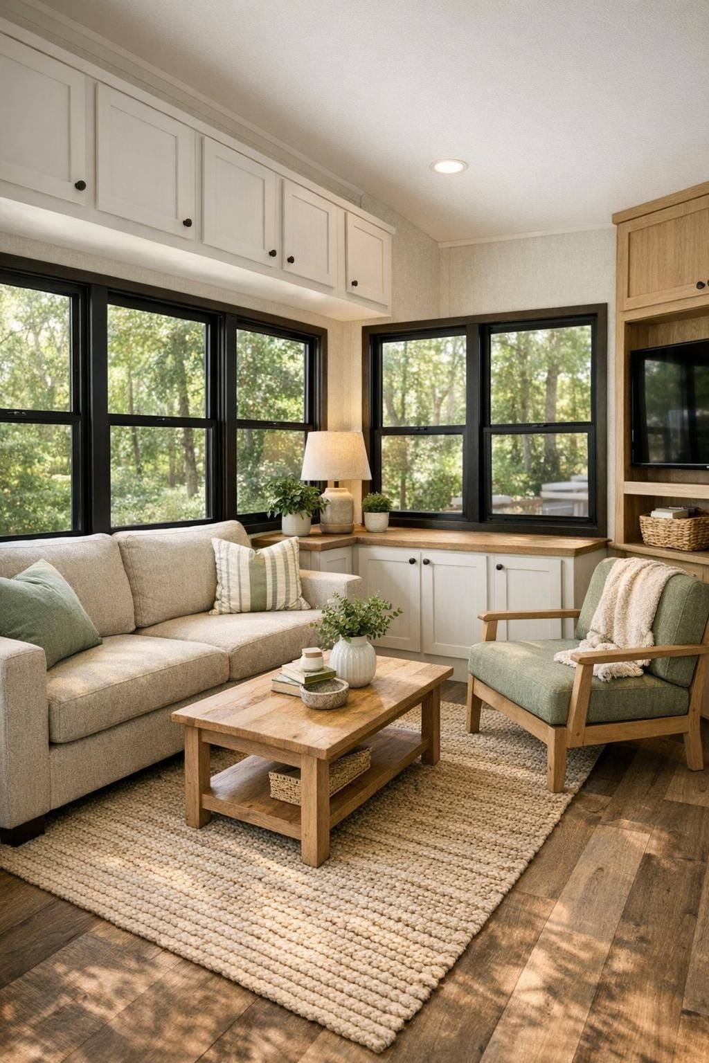 Bright compact living room with oatmeal sofa, natural wood furniture, and large windows