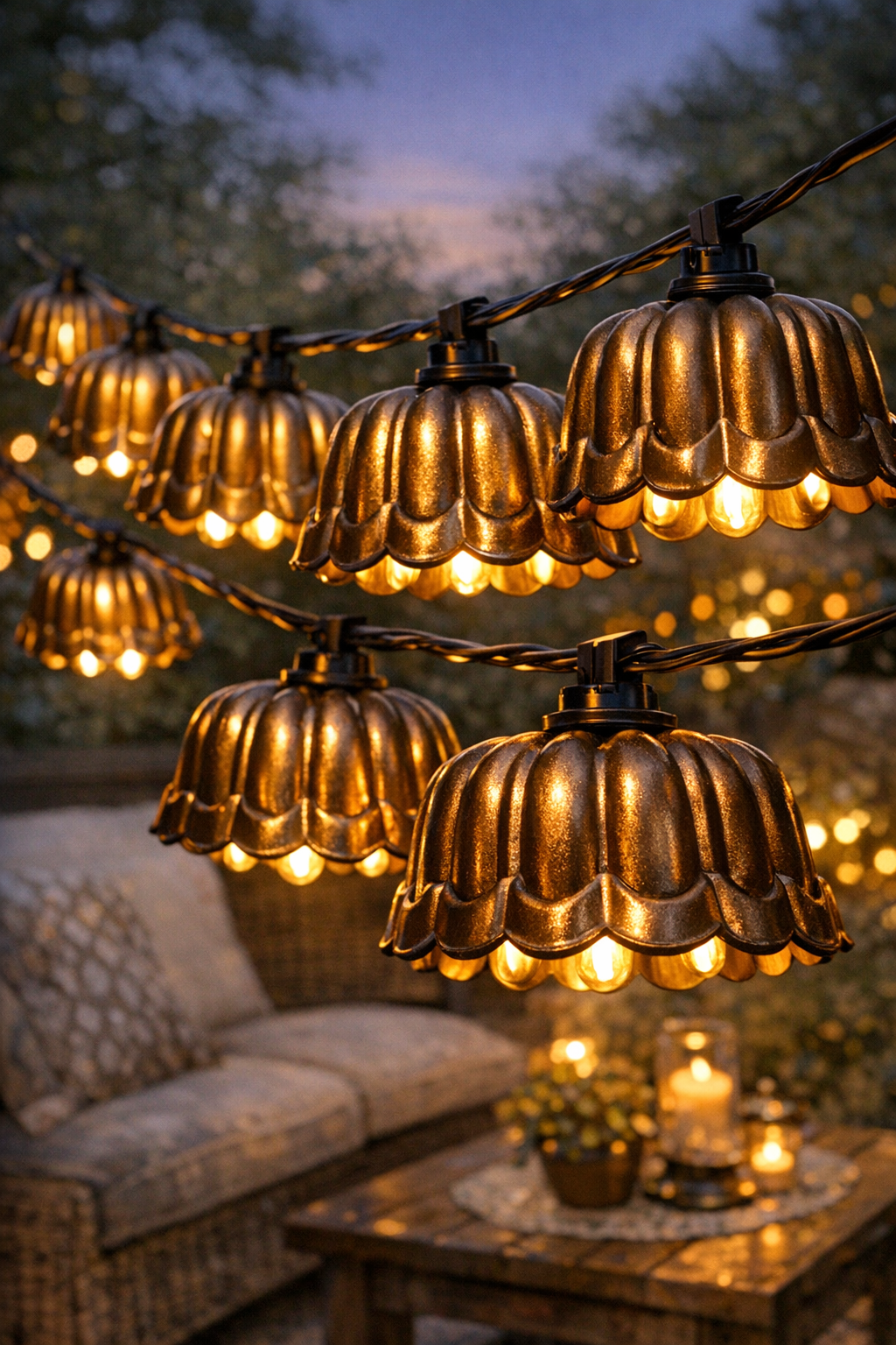 Finished vintage patio lanterns glowing on an outdoor patio