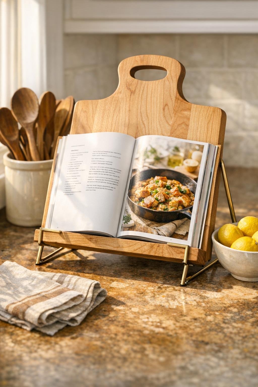Finished cookbook stand made from a maple cutting board in a brass easel on a kitchen counter