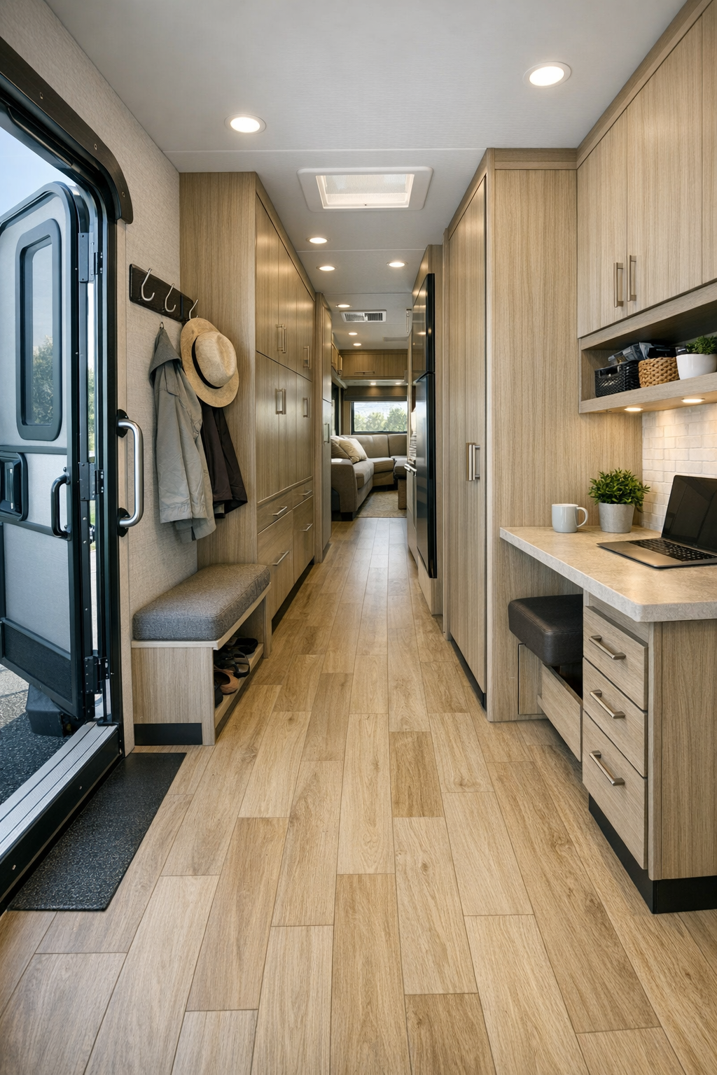 Accessible RV entry and hallway area with smart storage, smooth flooring, and compact work surface