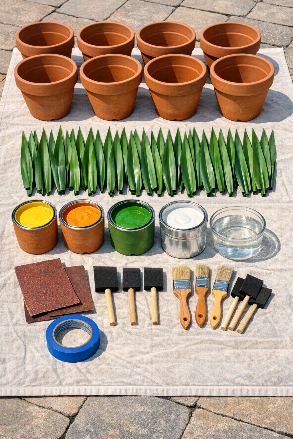 Terracotta pots, paint, brushes, sealant, and plastic agave leaves laid out for the project