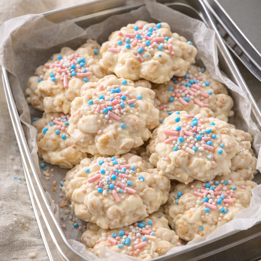 Set peanut clusters stacked in a storage tin with parchment