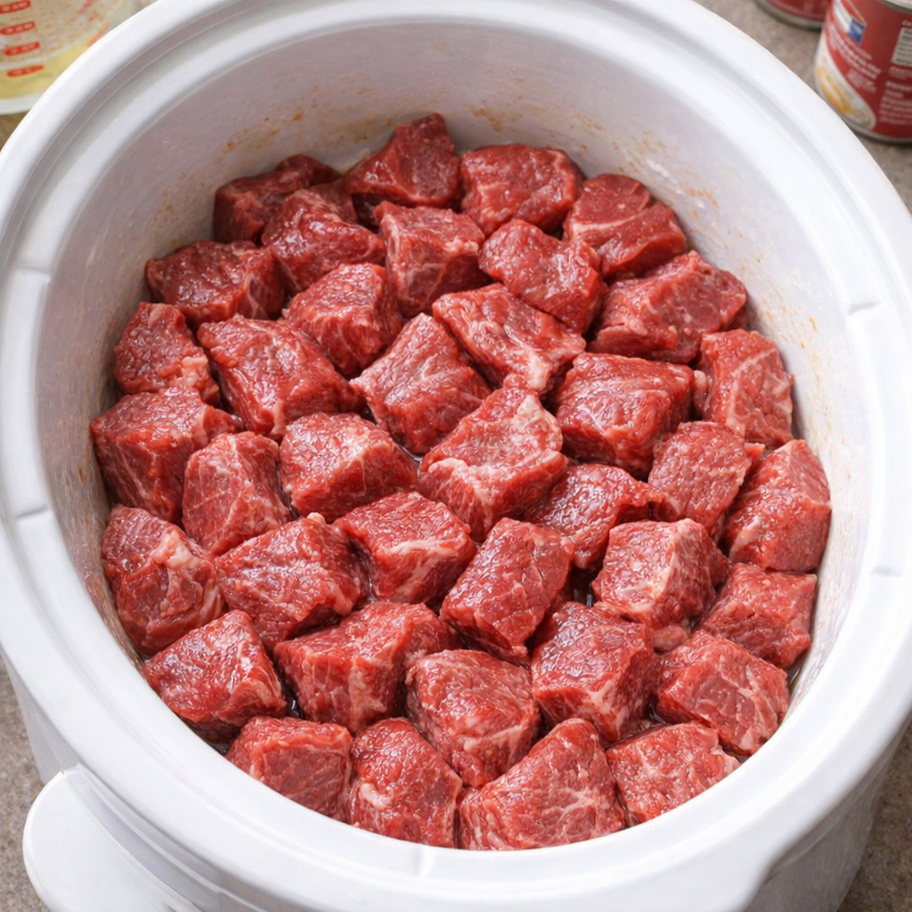 Beef stew meat arranged in a slow cooker