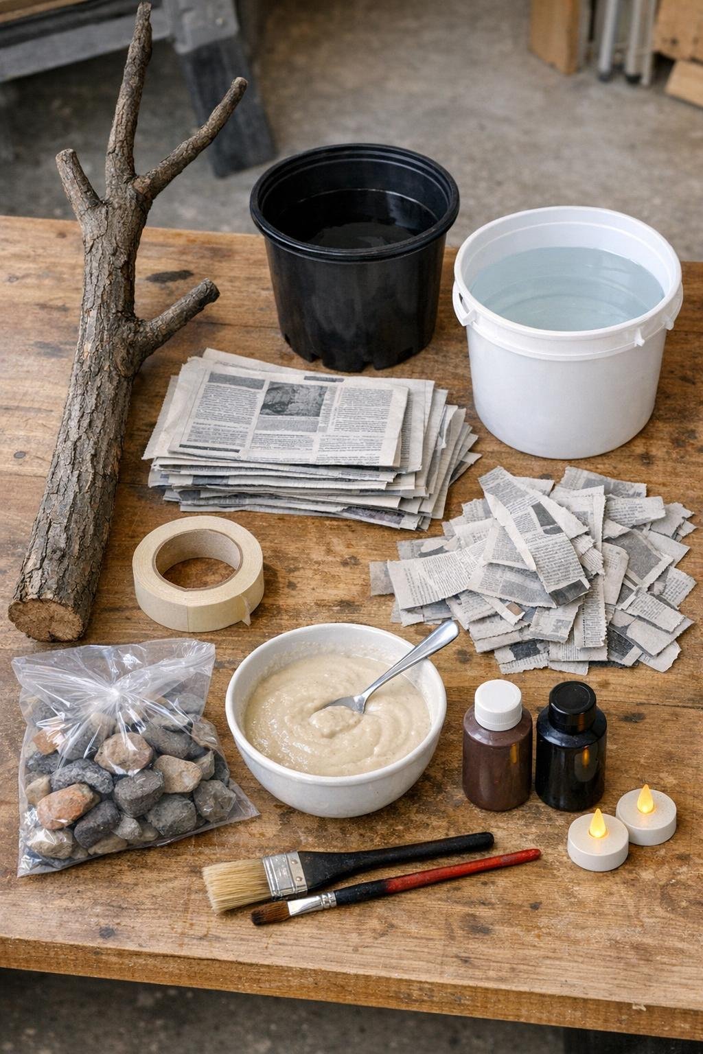Materials for a paper mache haunted porch tree laid out together