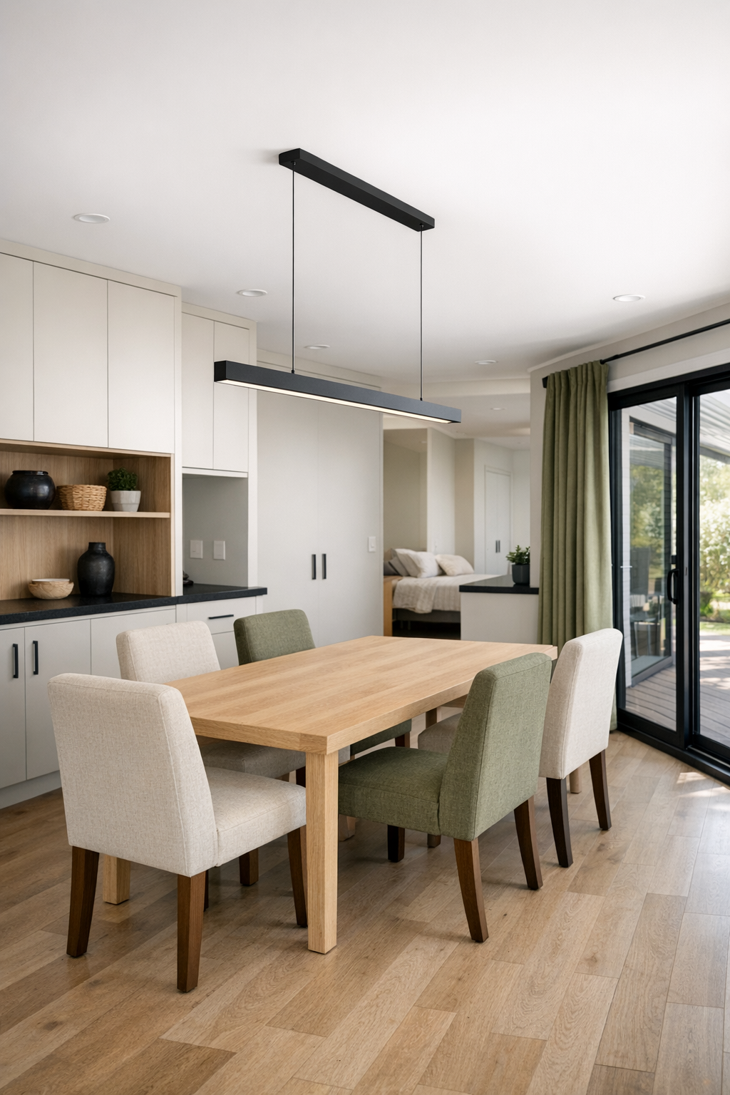 Open dining room with light wood table, upholstered chairs, and soft olive accents