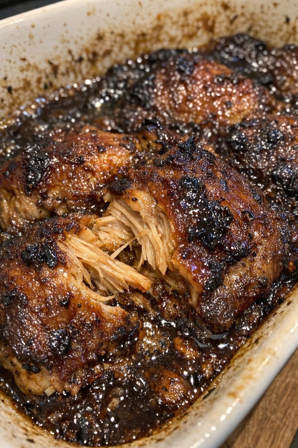 Caramelized roasted protein in a ceramic baking dish