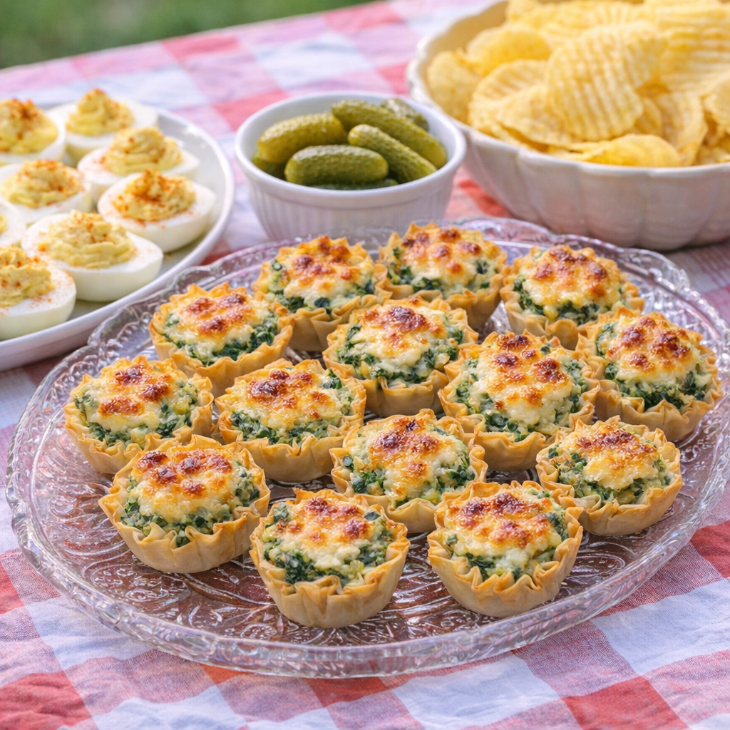 Appetizer table with spinach artichoke cups and picnic sides