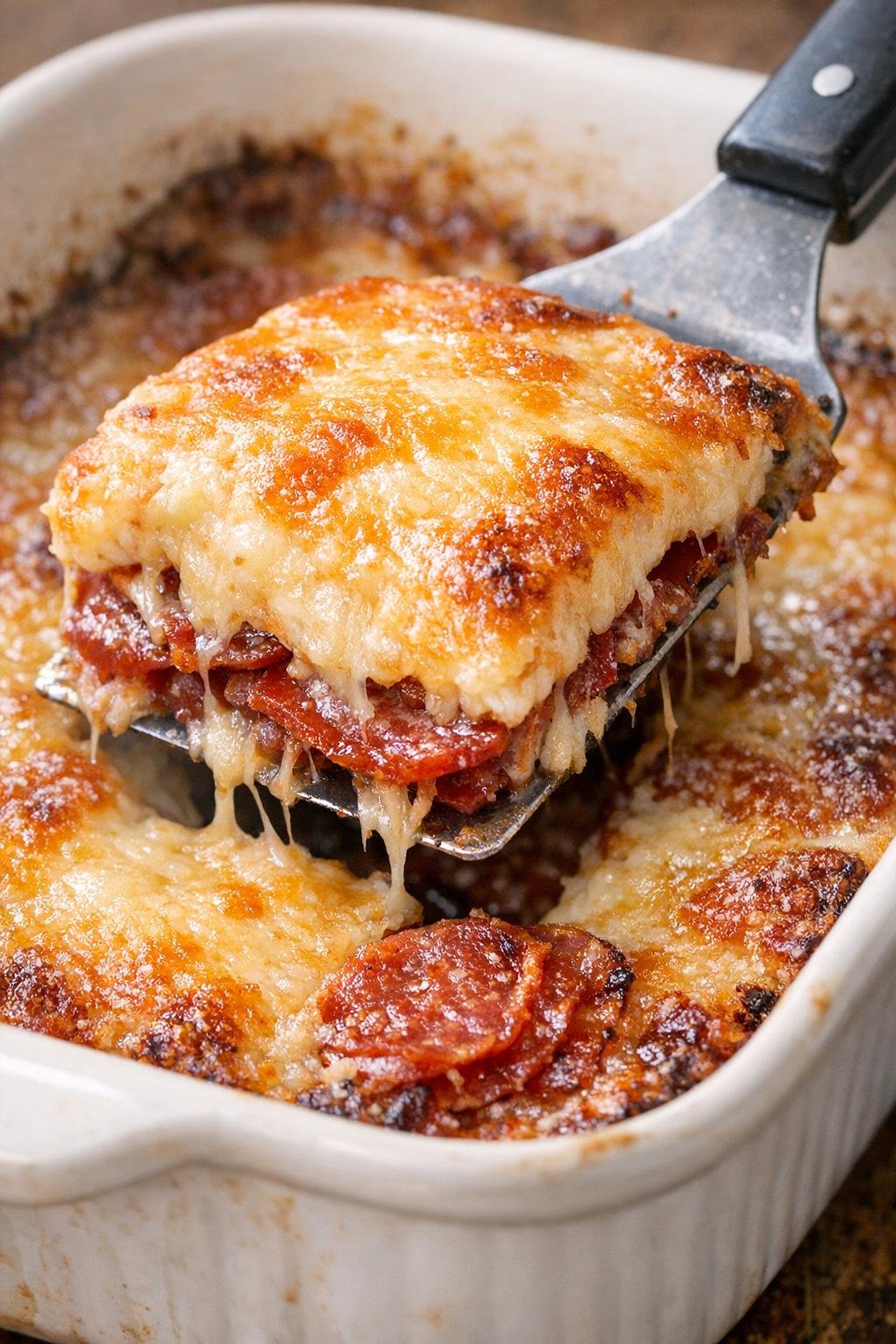 Low carb 3-ingredient salami Kingsley bakes in a casserole dish