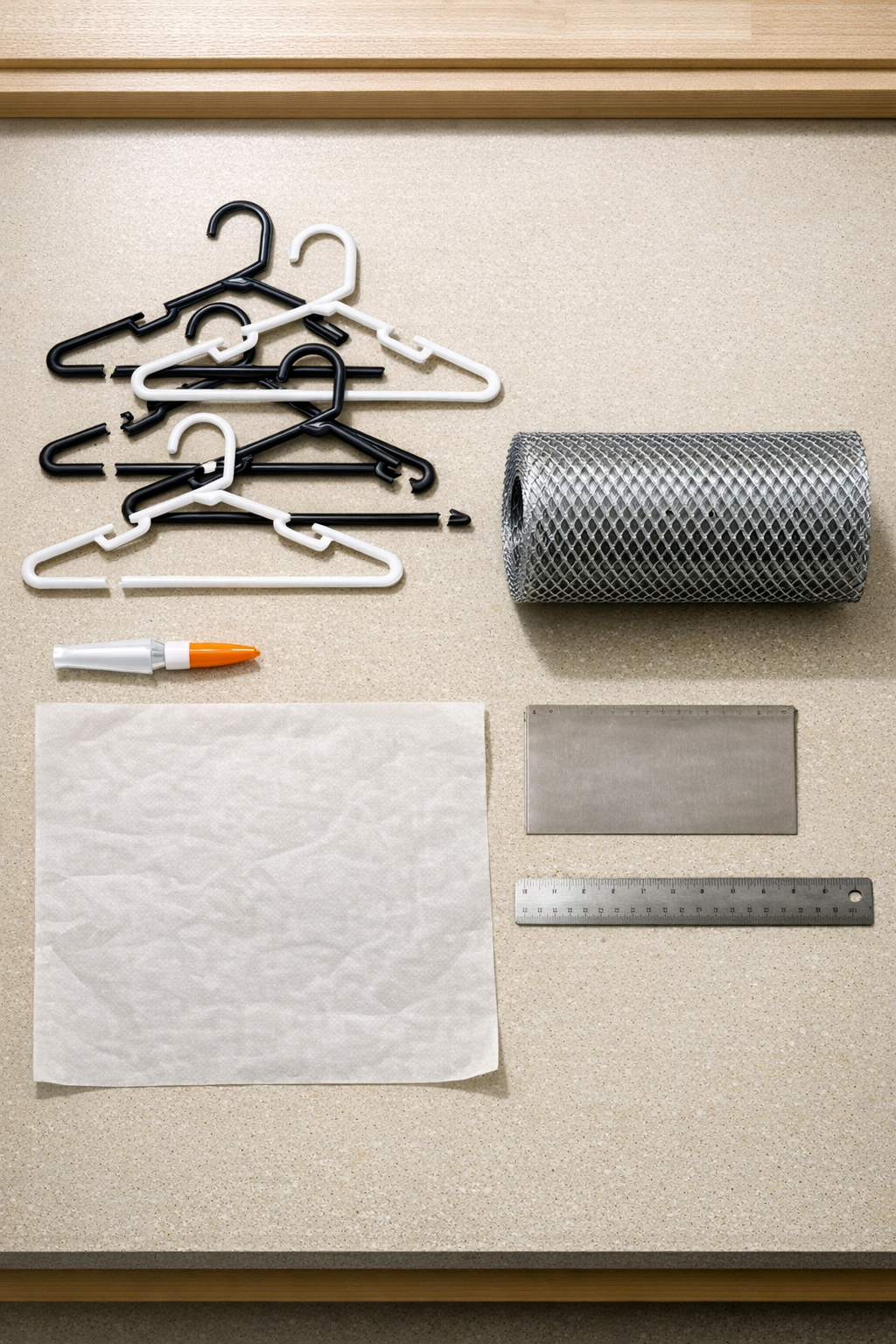 Materials for making DIY gutter guard clips laid out on a work surface