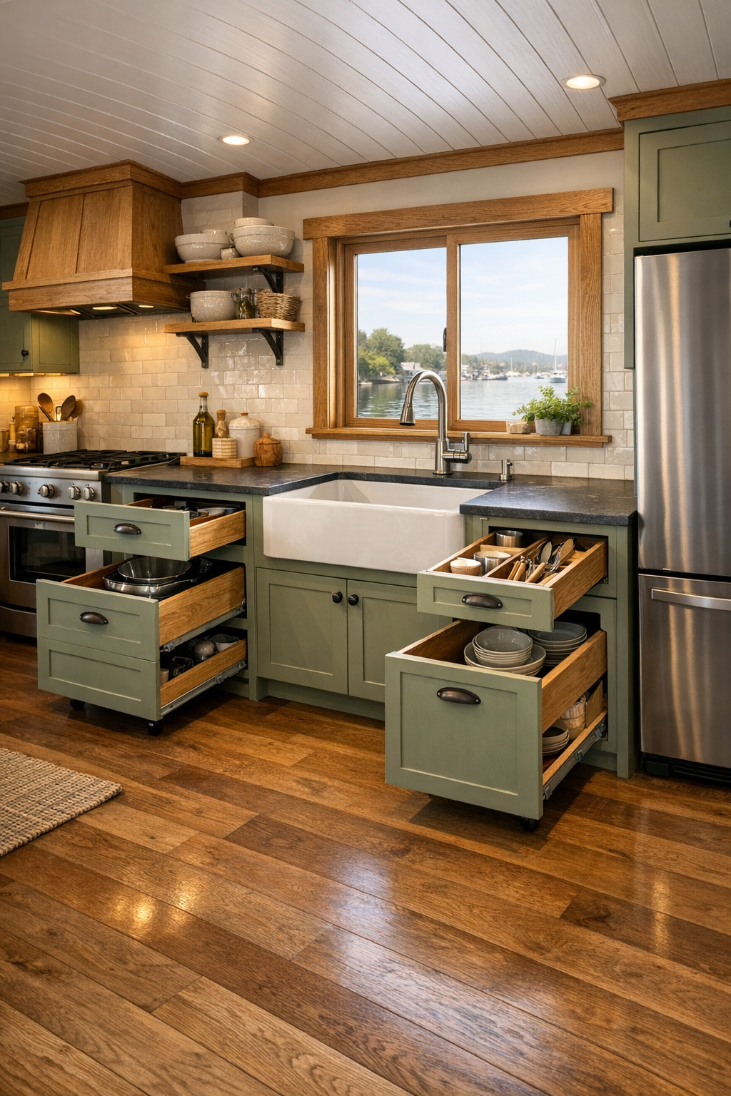 Accessible craftsman kitchen with sage cabinets and farmhouse sink