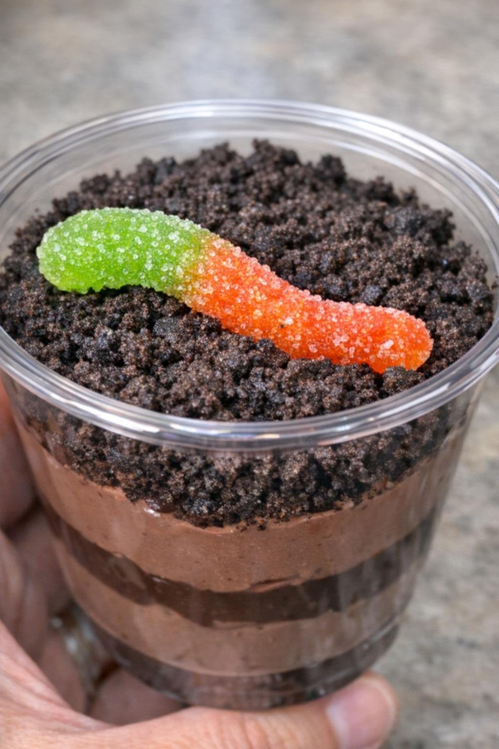 Finished graveyard dirt cup with cookie crumbs and gummy candy