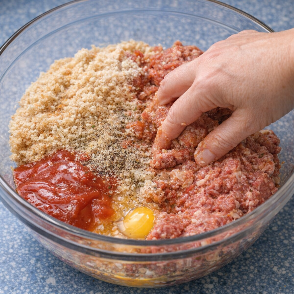 Ground beef mixture being combined in a mixing bowl