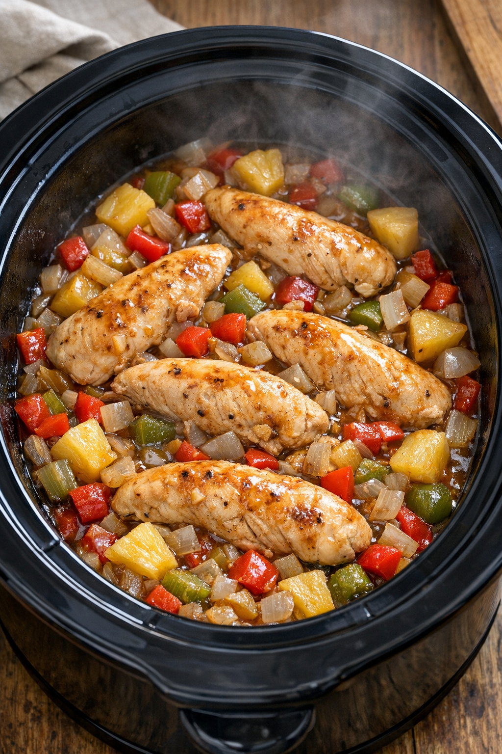Cooked chicken in slow cooker with softened vegetables