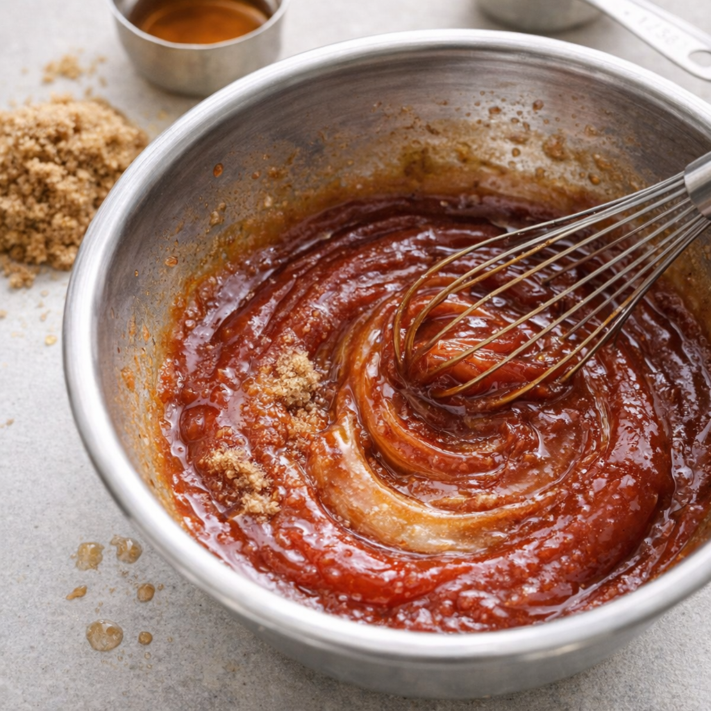 Brown sugar sauce being whisked in a mixing bowl