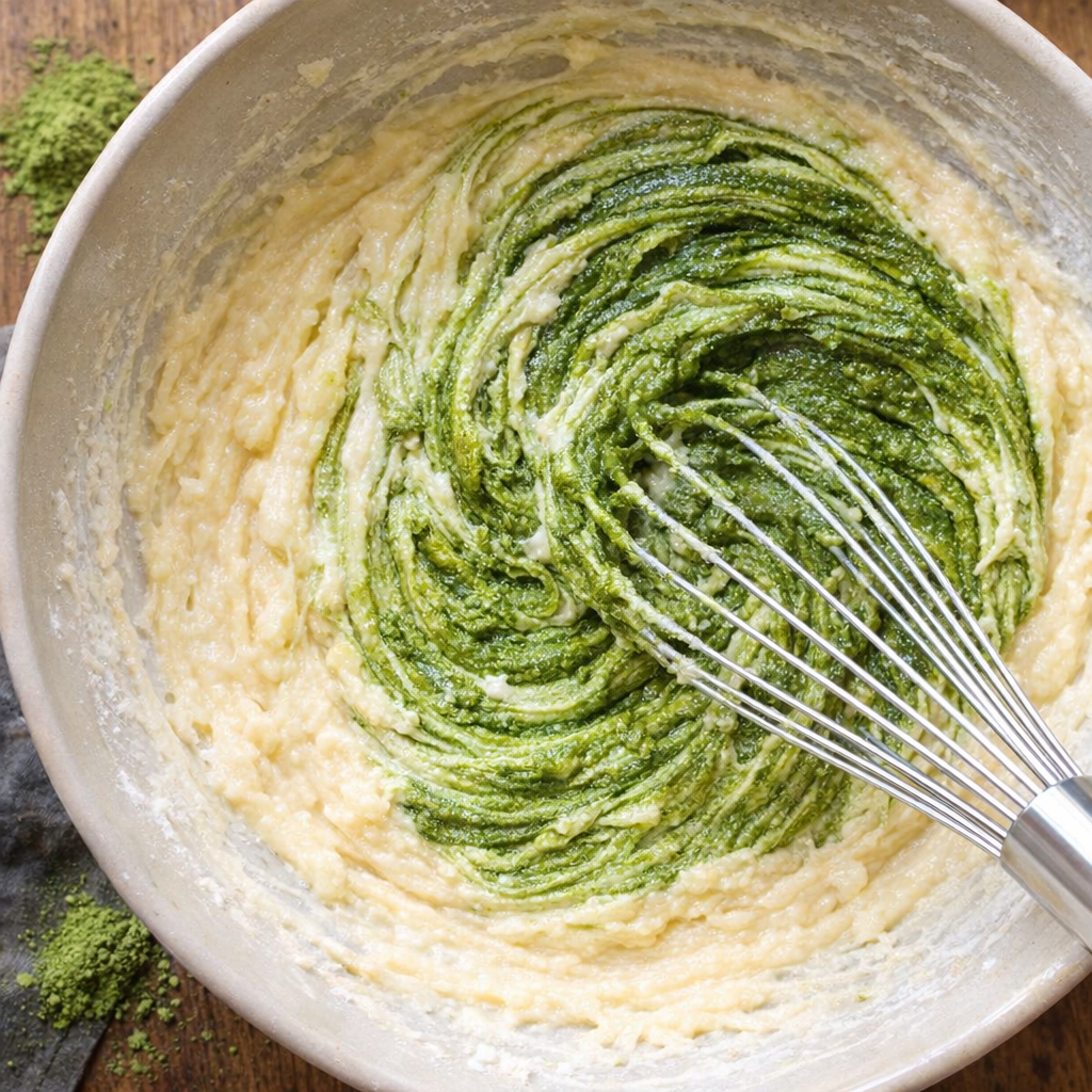 Matcha and cake mix being whisked in a bowl