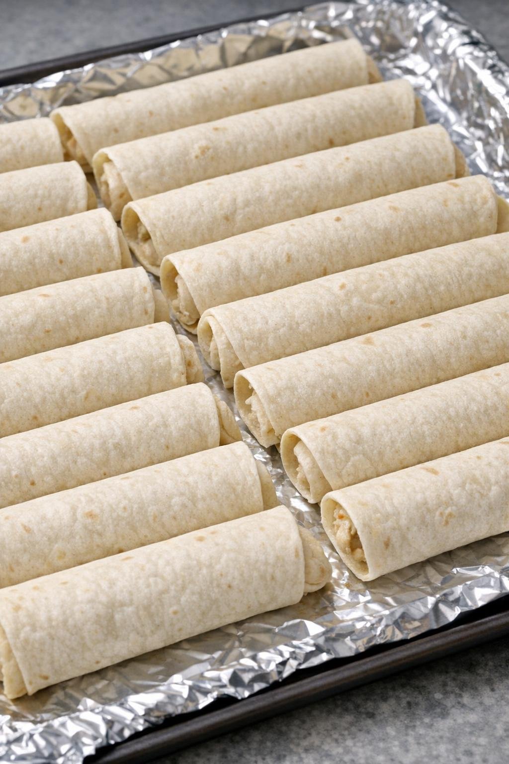 Ongebakken taquito's op een bakplaat.