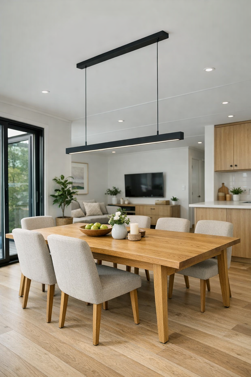 Modern dining room with oak table, upholstered chairs, and black linear pendant