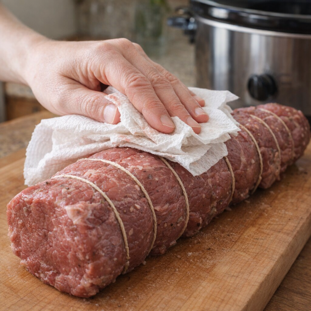 Beef tenderloin being patted dry before cooking