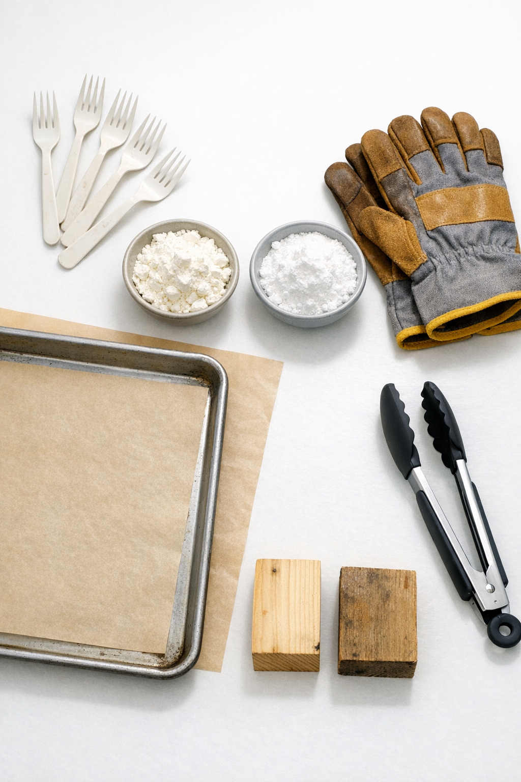 Plastic picnic forks, cornstarch, baking soda, parchment paper, and simple shaping tools laid out on a worktable