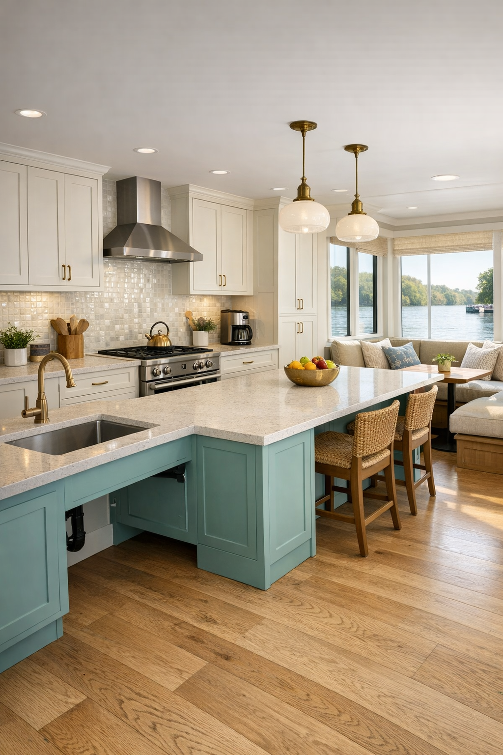 Accessible riverboat kitchen with warm white cabinets, sea-glass island, and bright windows