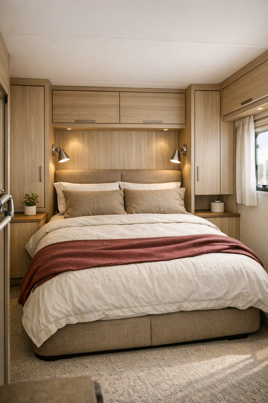 Serene RV camper bedroom with beige upholstered bed, light oak paneling, and soft layered bedding