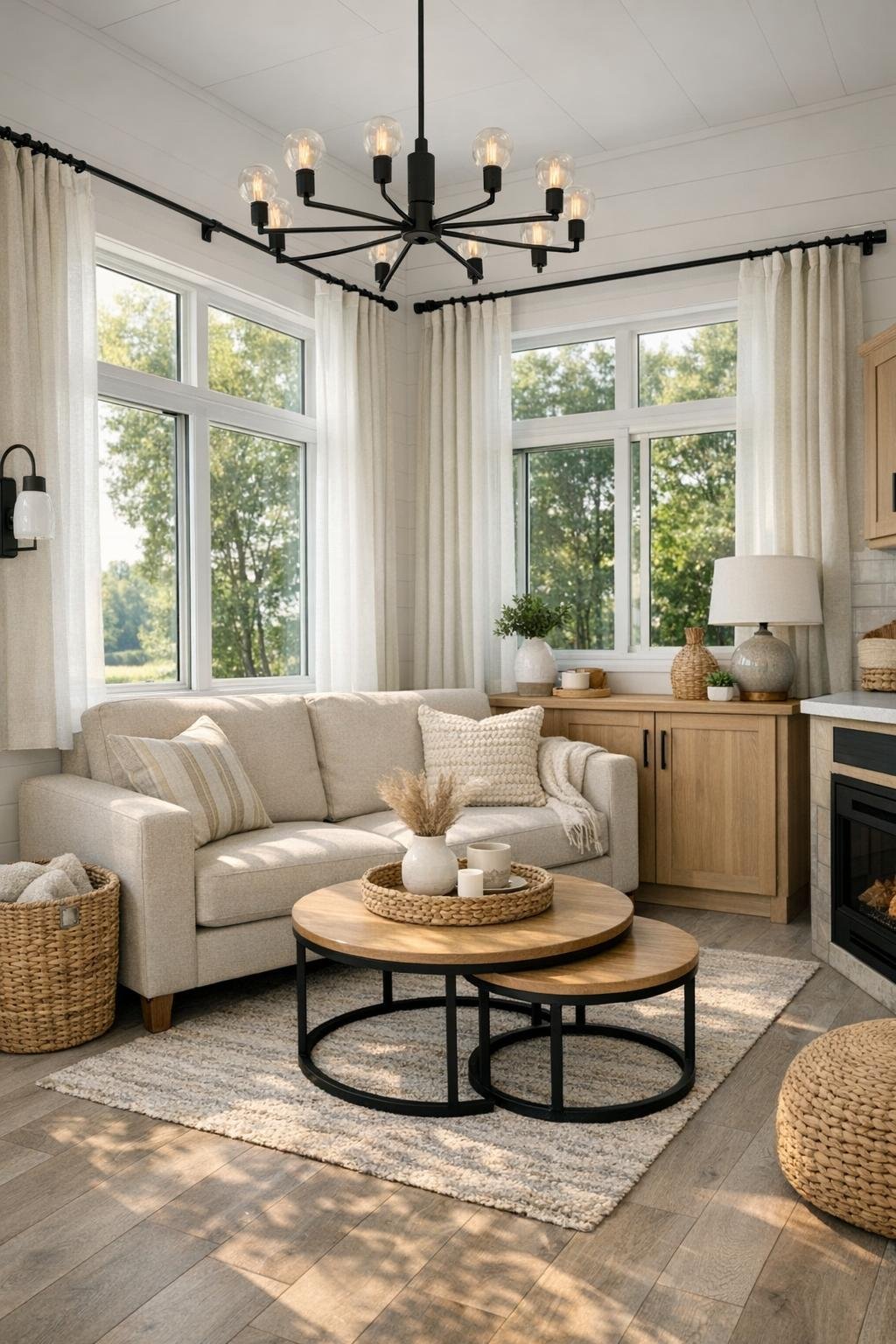 Bright living room with a compact sofa, pale wood flooring, and large windows