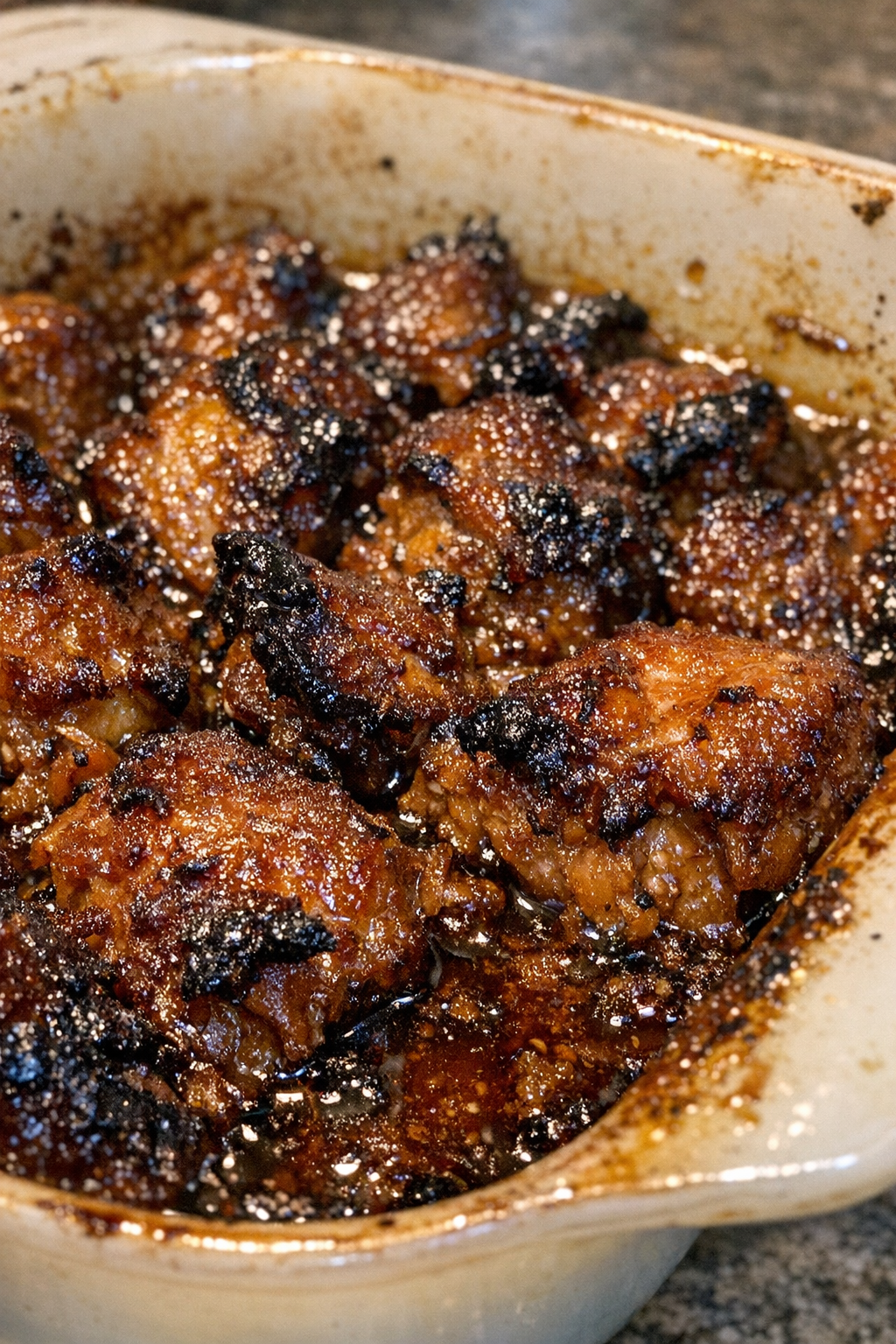 Caramelized roasted protein in a vintage Pyrex dish