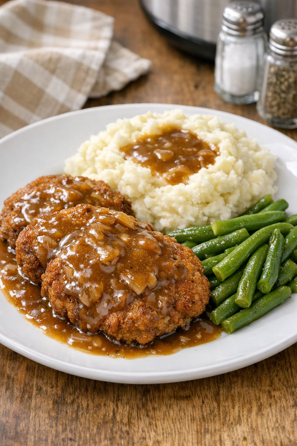 Finished slow cooker beef plated with gravy
