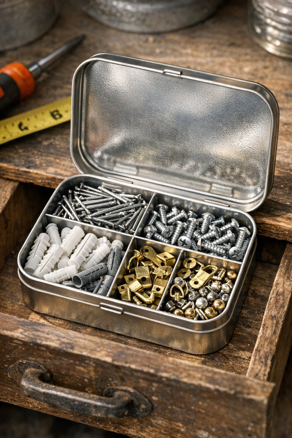 Mint tin holding small nails, screws, and picture hangers