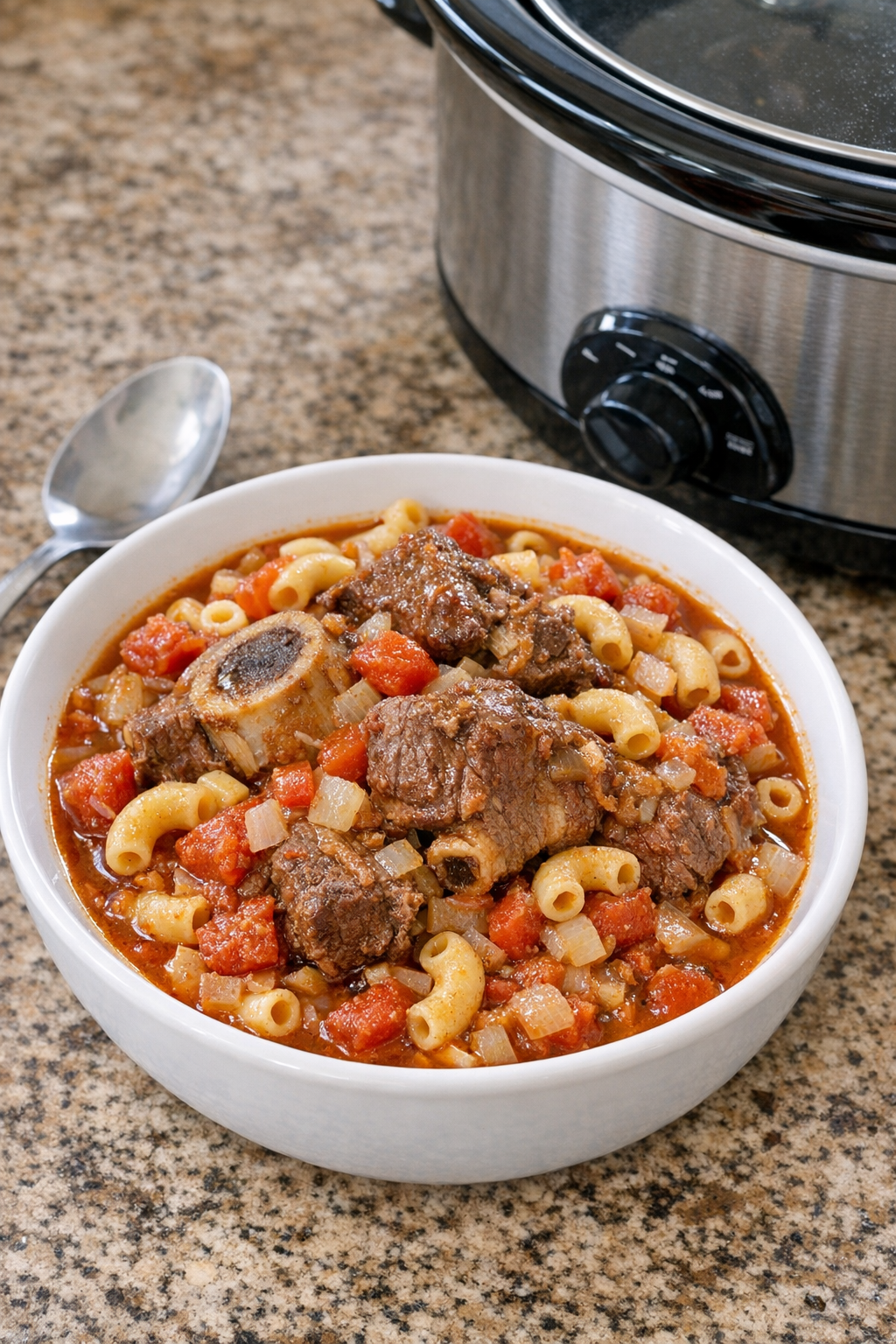 Finished bowl of slow cooker summer goulash