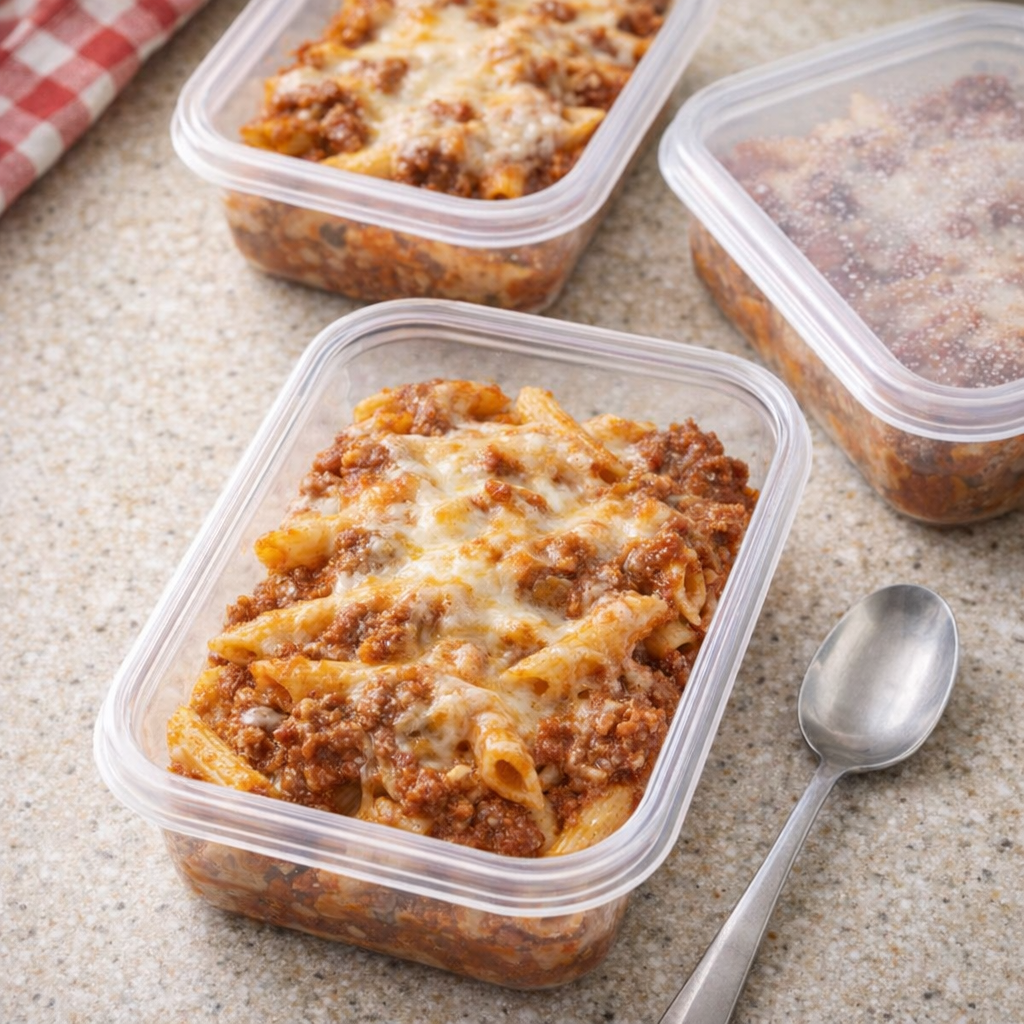 Leftover casserole packed into meal prep containers