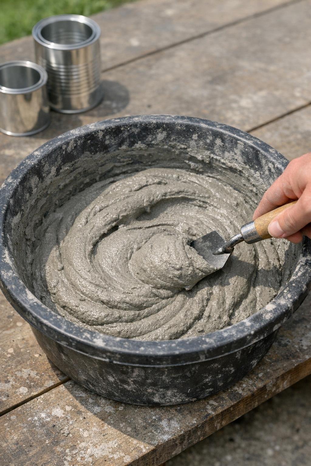 Thick wet cement being mixed in a bowl