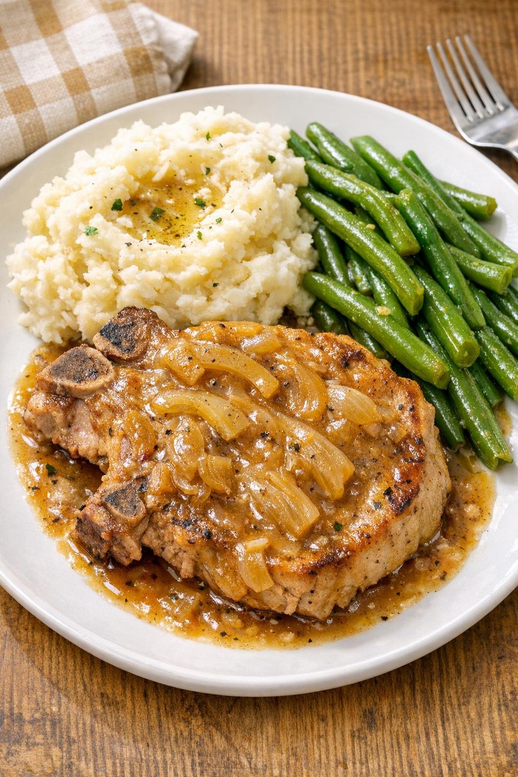 Finished slow cooker bone-in pork chops plated with sauce