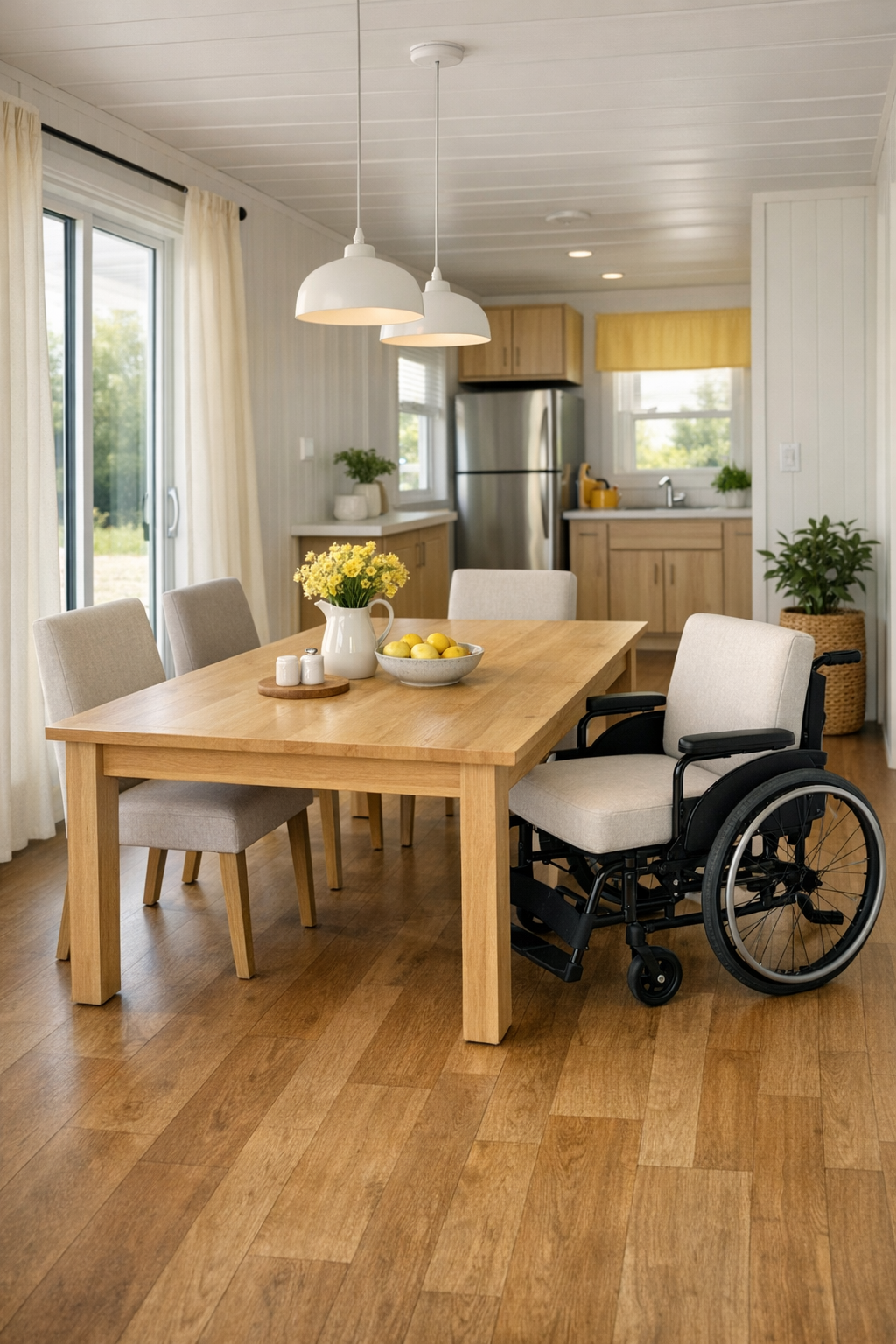 Bright dining room with a light wood table, upholstered chairs, and open accessible layout