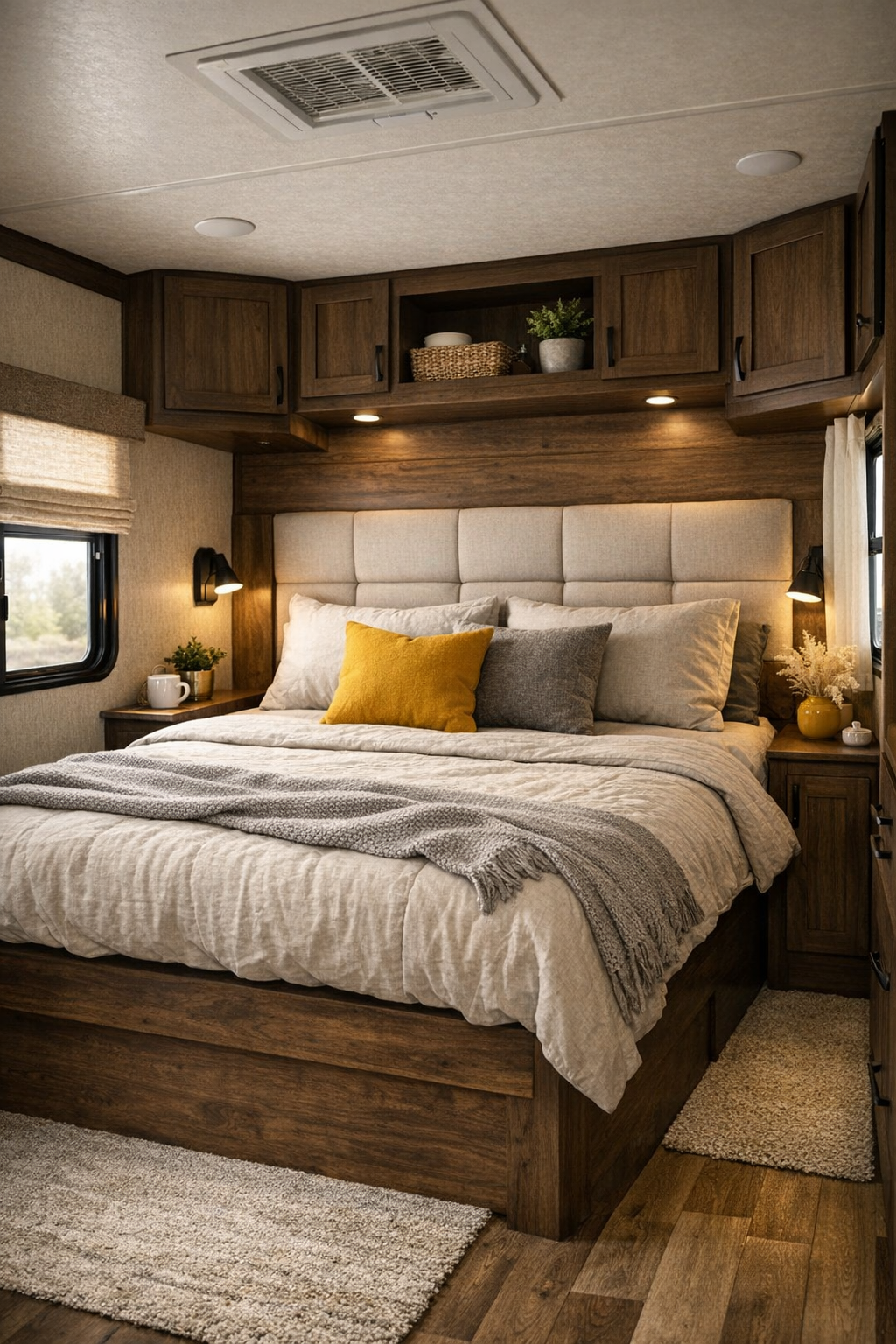 RV bedroom with walnut platform bed, neutral textiles, and soft mustard accents