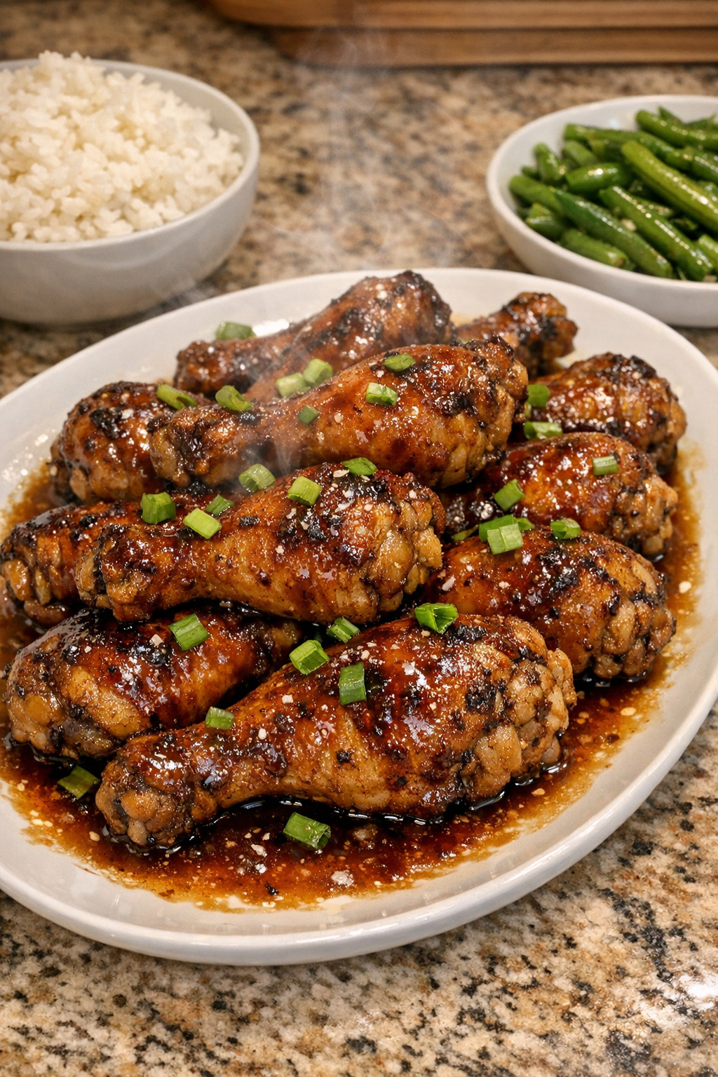 Finished sticky sweet chicken drumsticks plated for serving