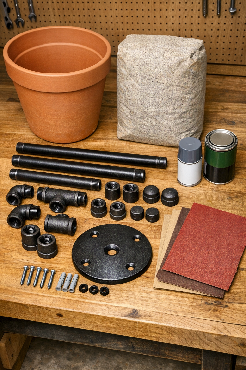 Black iron pipe fittings, terracotta pot, concrete mix, and hardware laid out for the towel tree project