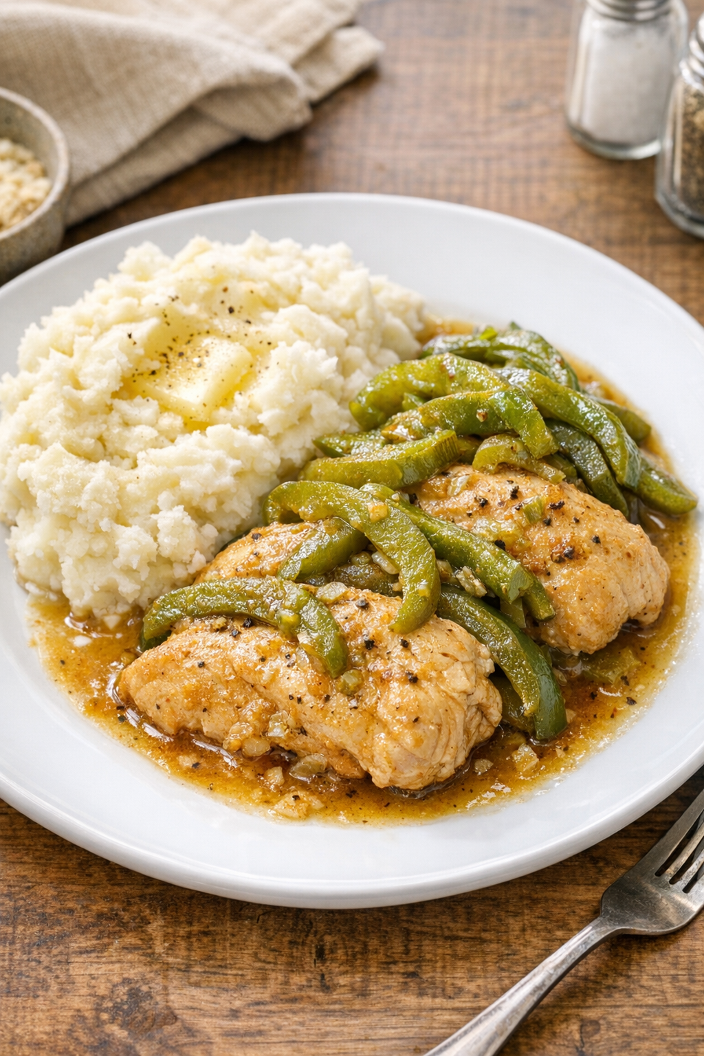 Finished slow cooker chicken plated with peppers and sauce