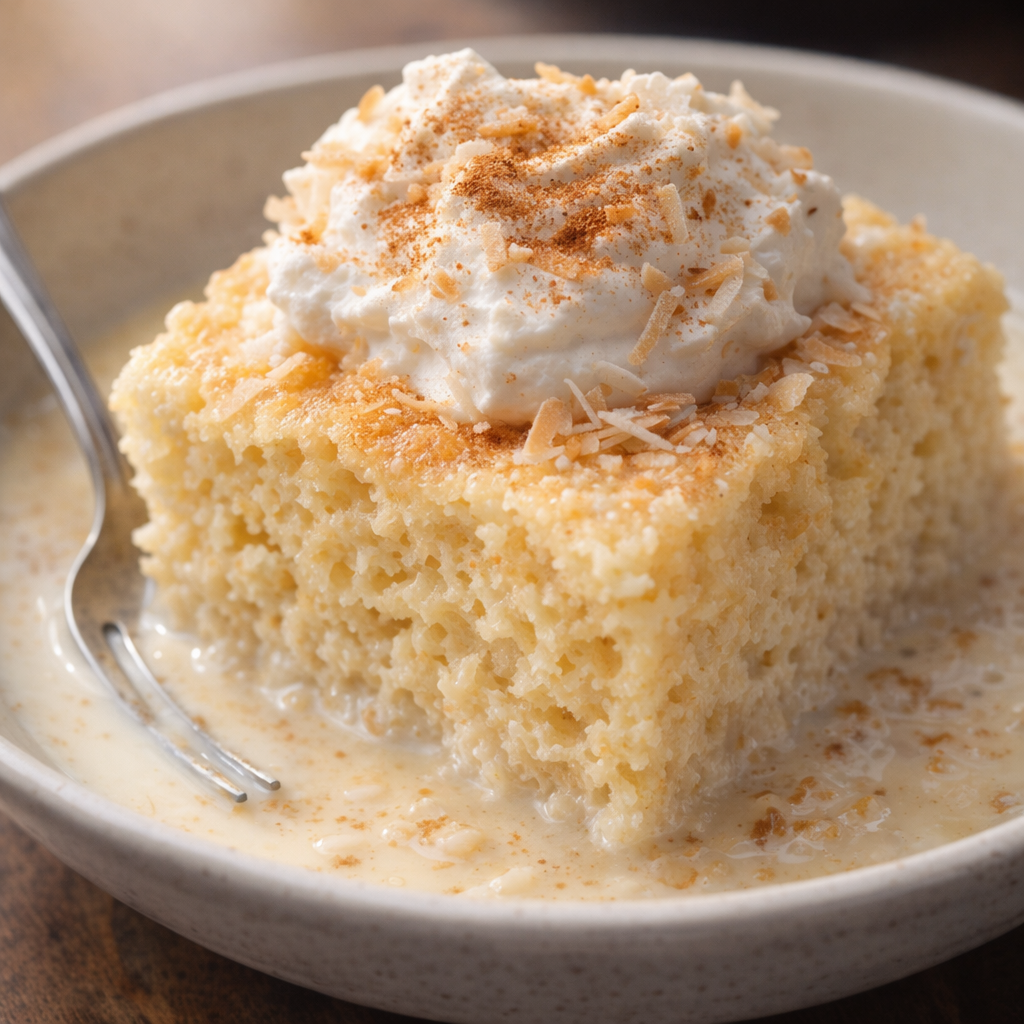 Tres leches cake with cinnamon and toasted coconut