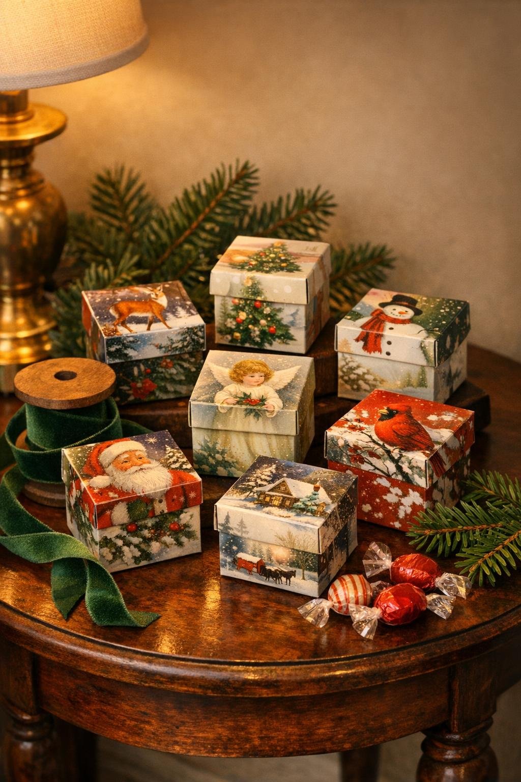 Finished Christmas card gift boxes displayed for holiday gifting