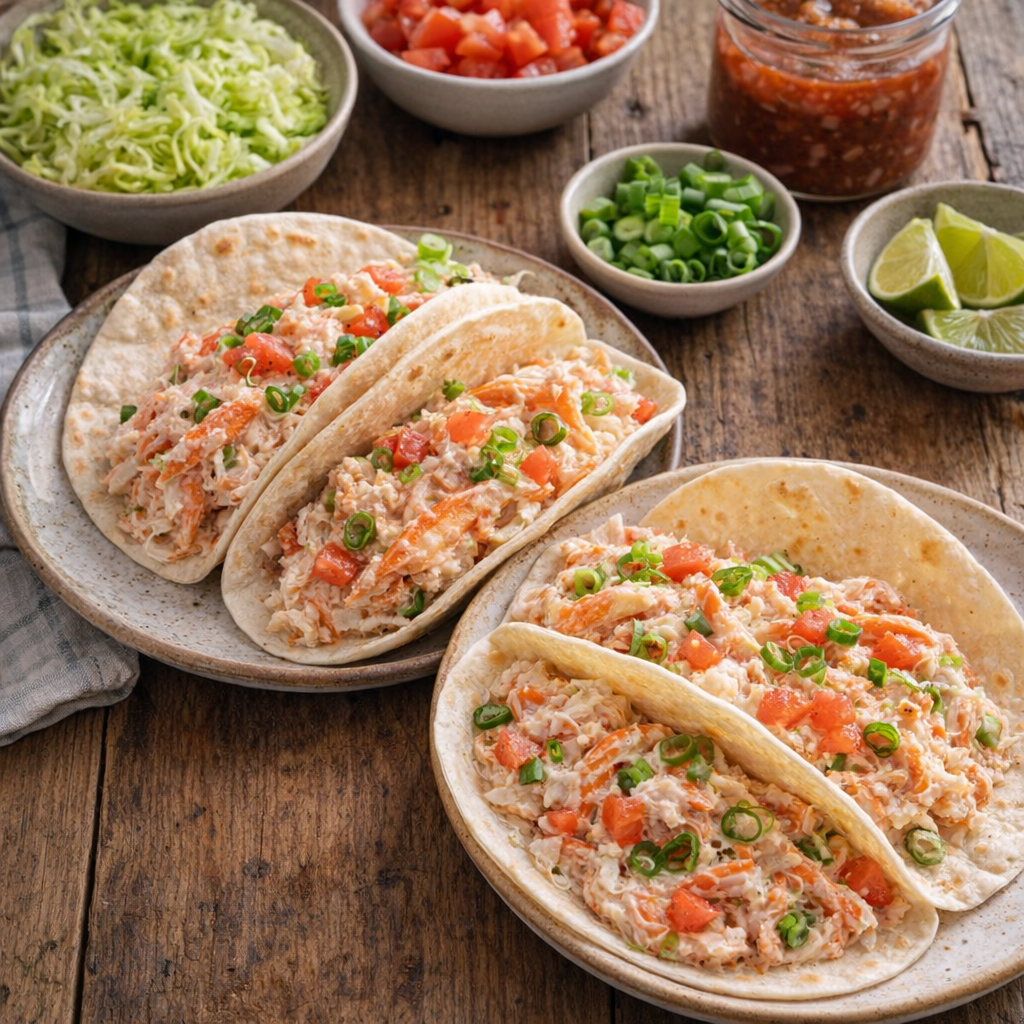 Slow cooker crab taco filling spooned into warm tortillas on a rustic supper table
