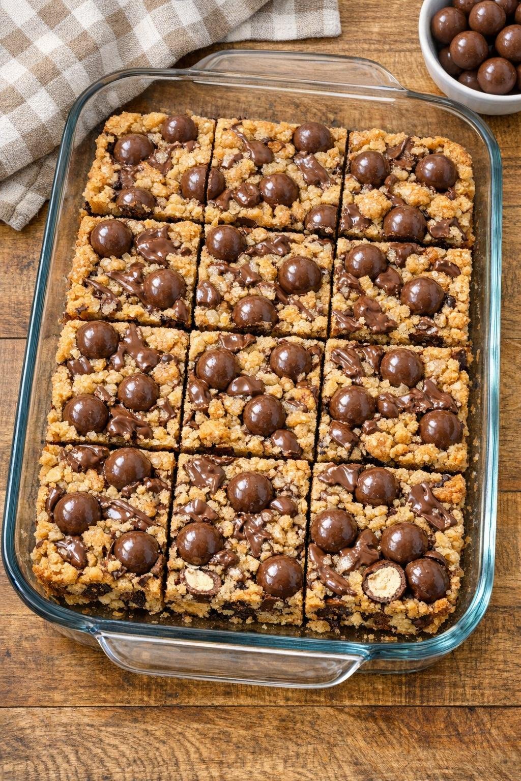 Finished malted milk crunch bars in a glass baking dish