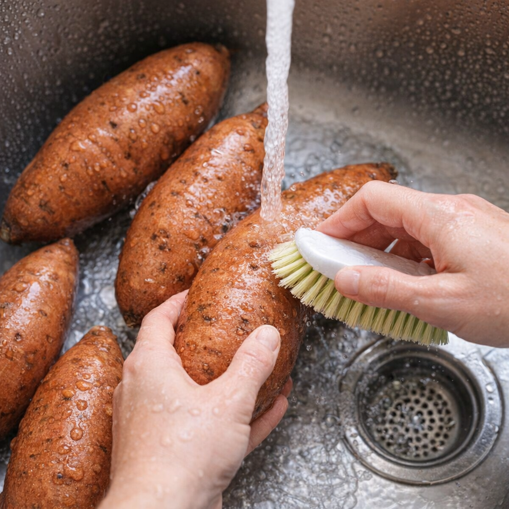 Sweet potatoes being rinsed in a kitchen sink