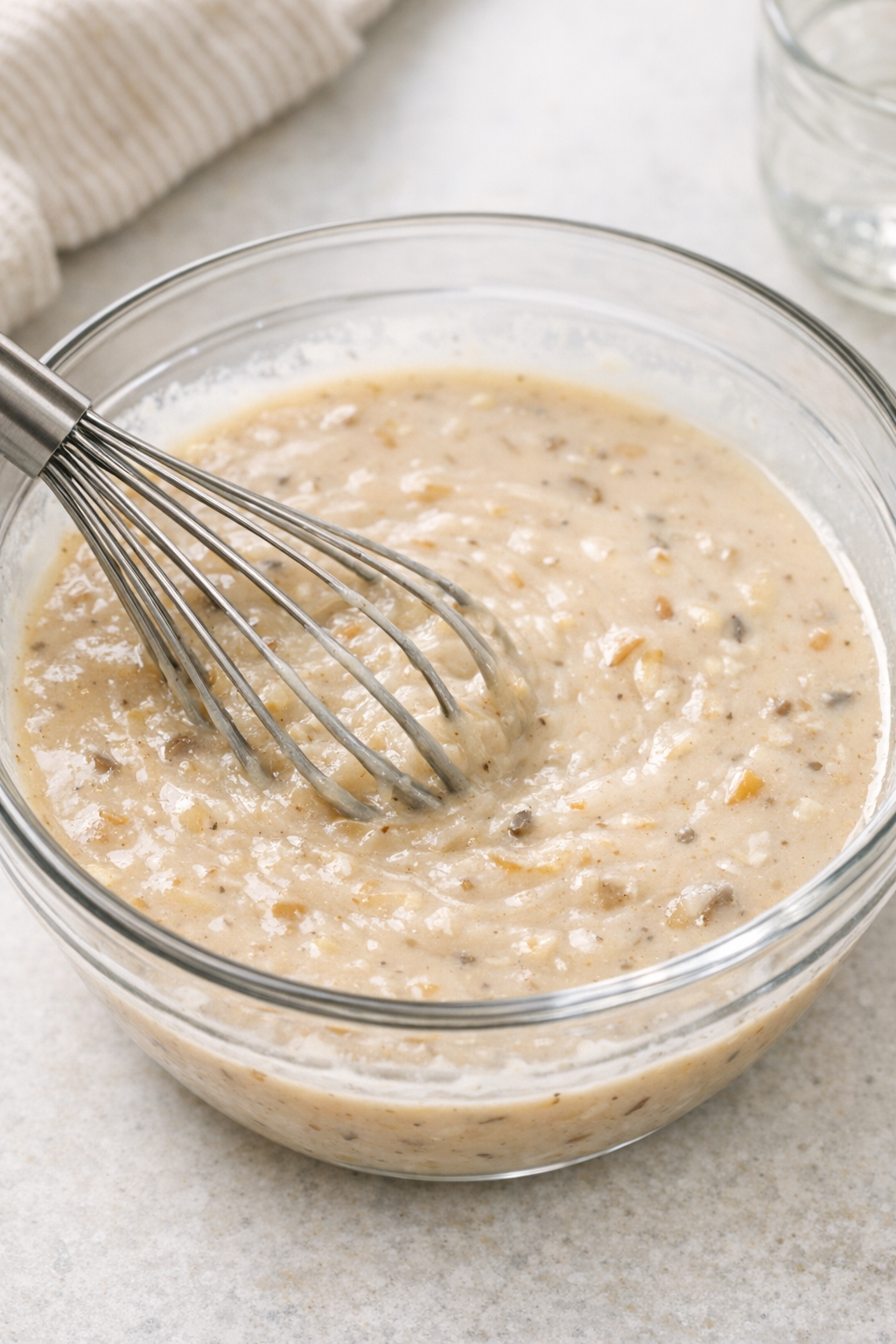 Creamy gravy mixture being whisked in a bowl