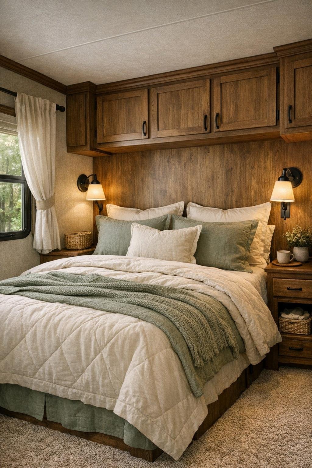 Woodland RV bedroom with layered ivory and sage bedding
