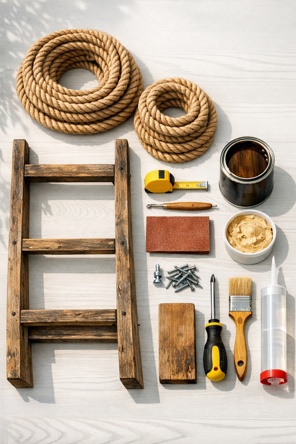 Materials for making a rope crochet towel ladder laid out neatly