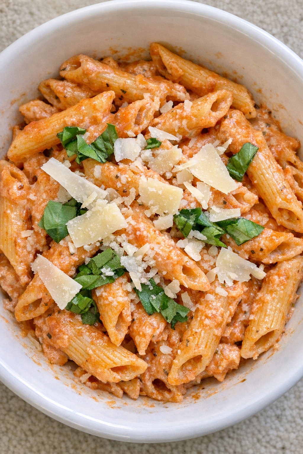 Finished creamy tomato vodka penne