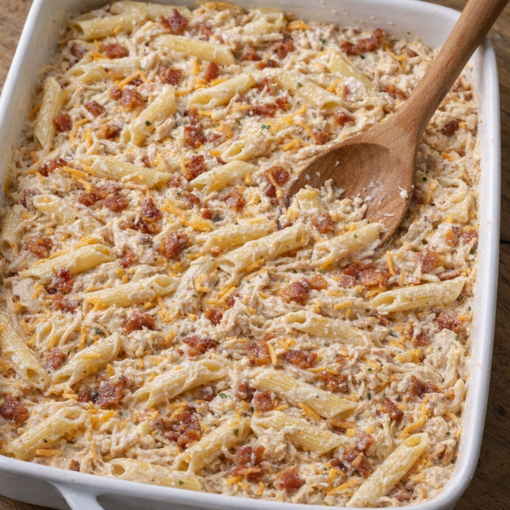 Unbaked chicken pasta spread in a casserole dish