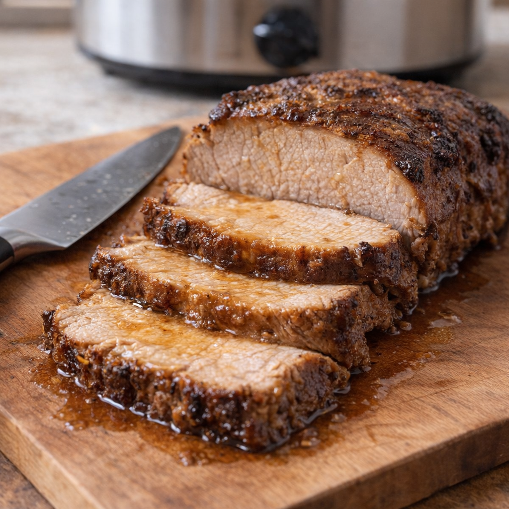 Sliced pork roast on cutting board